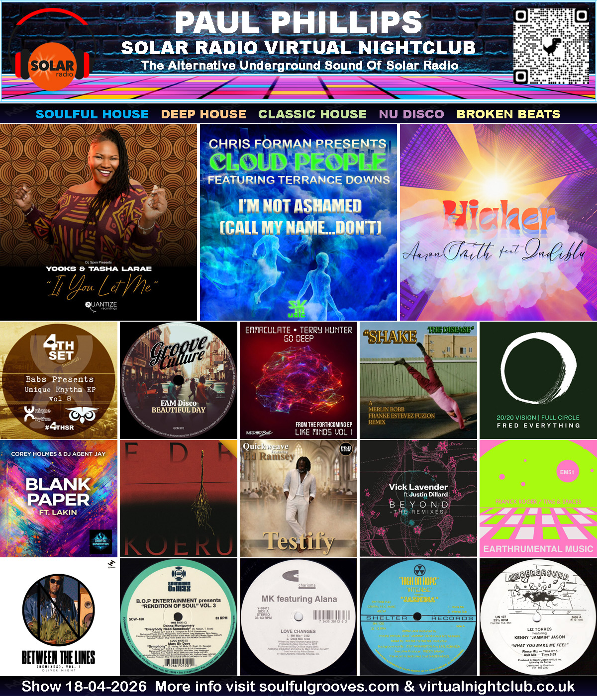 The Virtual Nightclub 18th April 2026 playing Soulful House, Deep House, Classic House, Nu Disco, Broken Beats
